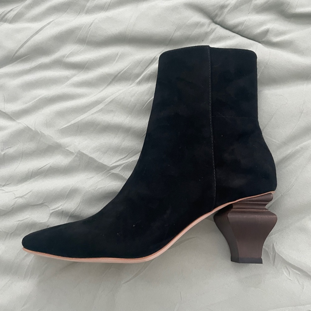 BNIB: Charlotte Stone Stickley Black Suede Furniture Heel Boots, Sz 7